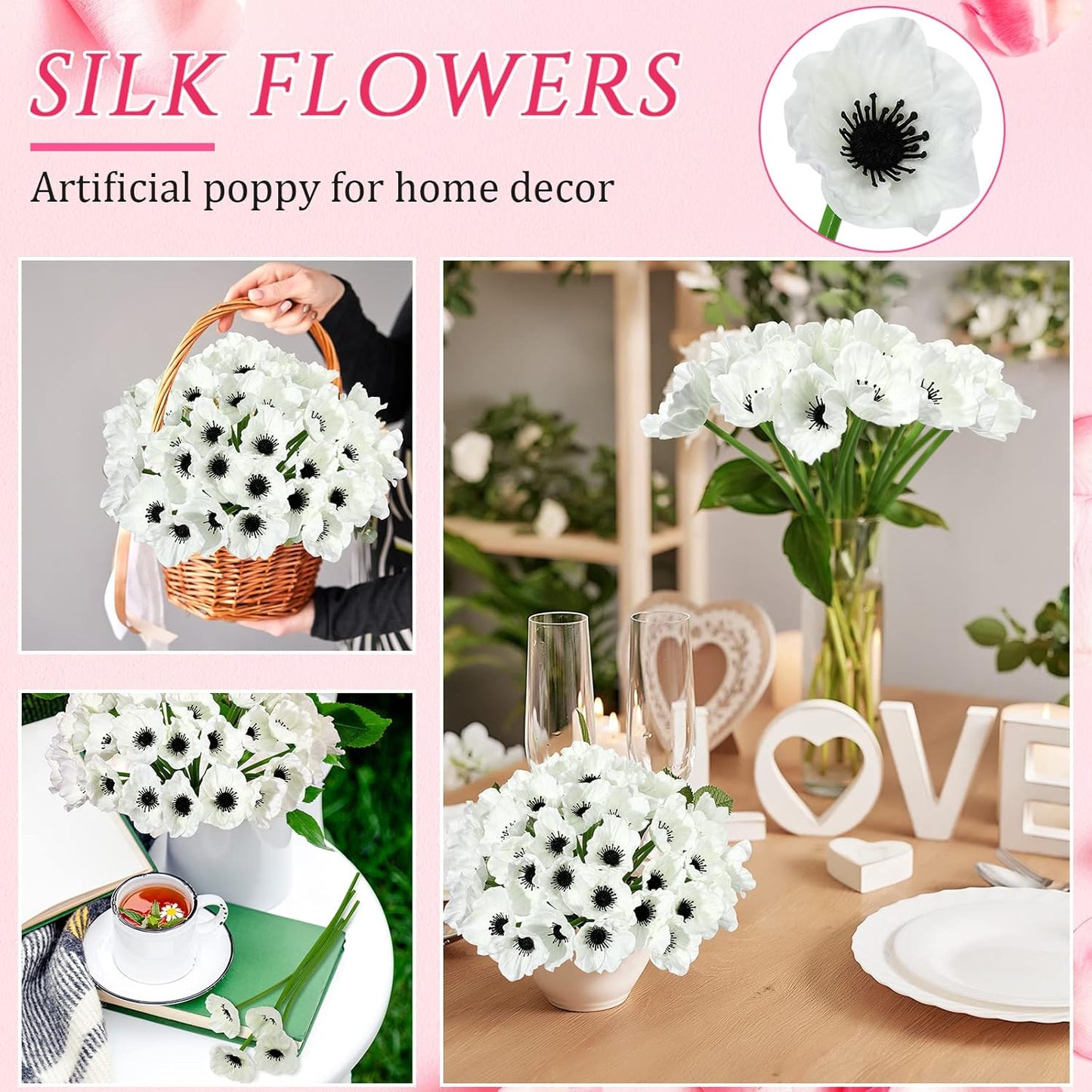 42 Pcs Artificial White Poppy Flowers 11 Inch PU Silk Poppy Anemone Stems Bulk Artificial Floral Table Centerpiece Decor for Vase Wedding Bouquets Bridal Holding Home Party