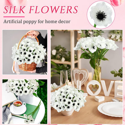 42 Pcs Artificial White Poppy Flowers 11 Inch PU Silk Poppy Anemone Stems Bulk Artificial Floral Table Centerpiece Decor for Vase Wedding Bouquets Bridal Holding Home Party