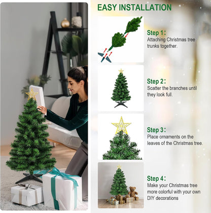 3FT Premium Hinged Artificial Holiday Small Mini Christmas Tree for Tabletop,Home, Office, Indoor and Outdoor Holiday Decoration,Easy Assembly Metal Hinges & Foldable Base
