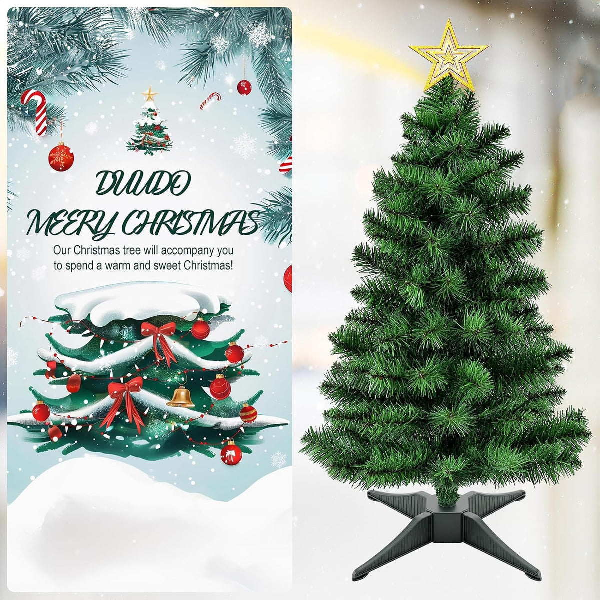 3FT Premium Hinged Artificial Holiday Small Mini Christmas Tree for Tabletop,Home, Office, Indoor and Outdoor Holiday Decoration,Easy Assembly Metal Hinges & Foldable Base