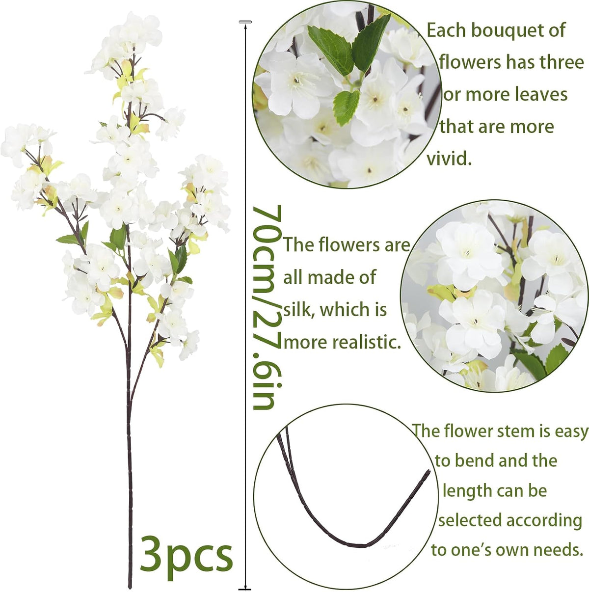 3 Pcs Cherry Blossom Branches for Vase Long Stems Artificial Flowers Spring Summer Decor White Faux Silk Cherry Blossom Branches for Home Wedding Party Table Centerpieces