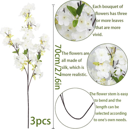 3 Pcs Cherry Blossom Branches for Vase Long Stems Artificial Flowers Spring Summer Decor White Faux Silk Cherry Blossom Branches for Home Wedding Party Table Centerpieces