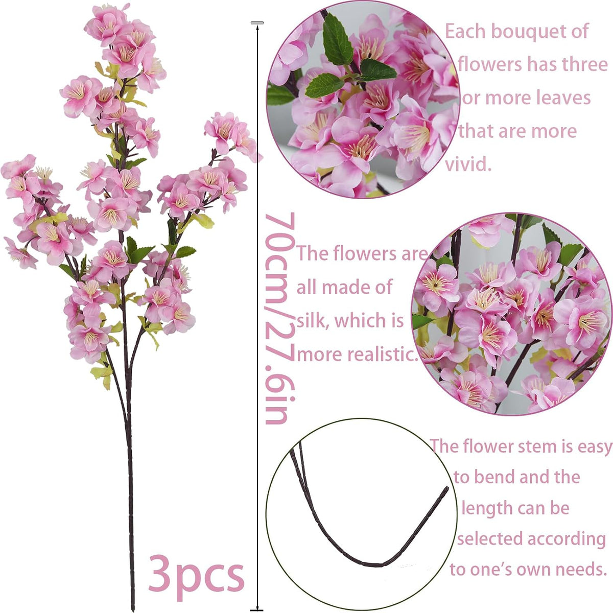 3 Pcs Cherry Blossom Branches for Vase Long Stems Artificial Flowers Spring Summer Decor White Faux Silk Cherry Blossom Branches for Home Wedding Party Table Centerpieces