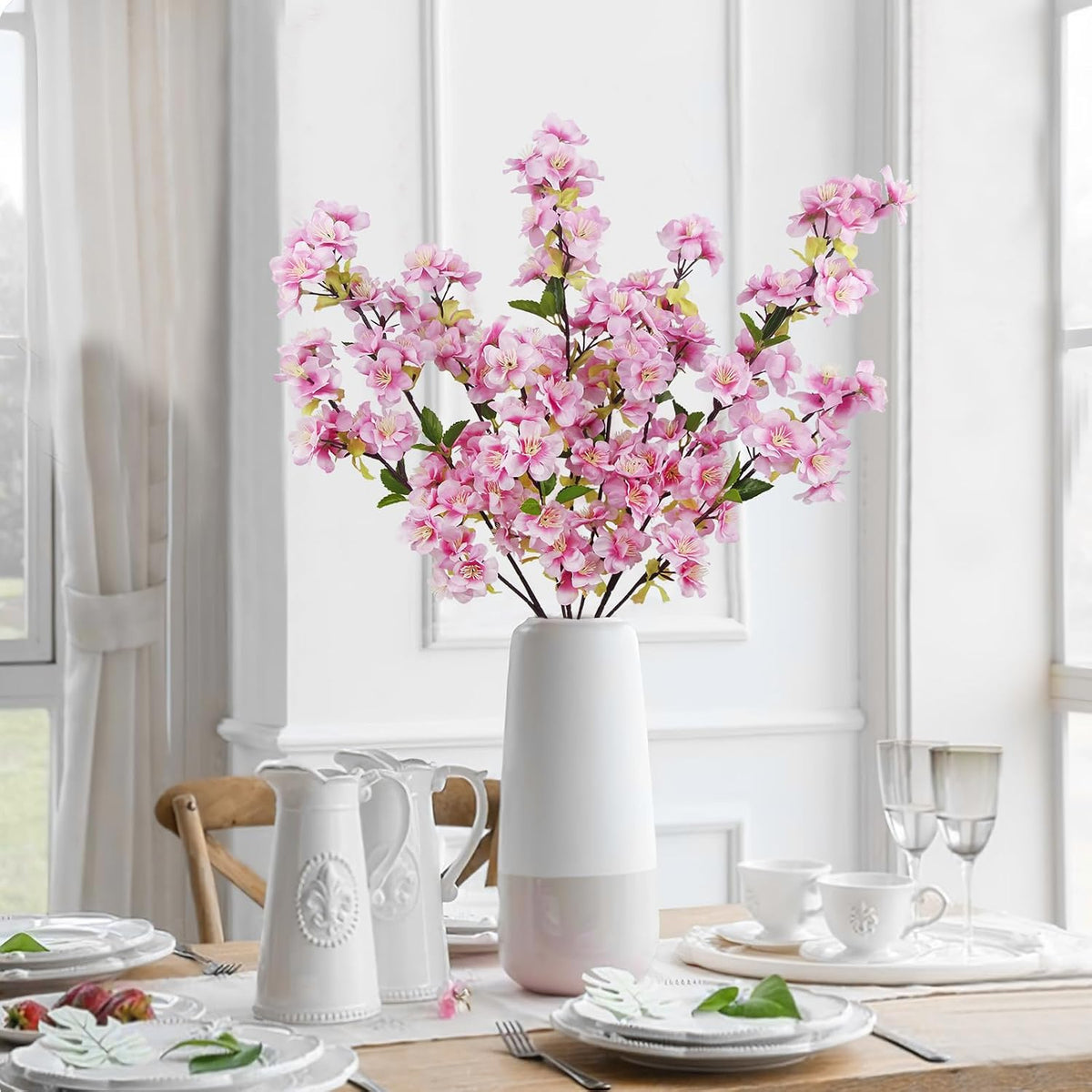 3 Pcs Cherry Blossom Branches for Vase Long Stems Artificial Flowers Spring Summer Decor White Faux Silk Cherry Blossom Branches for Home Wedding Party Table Centerpieces