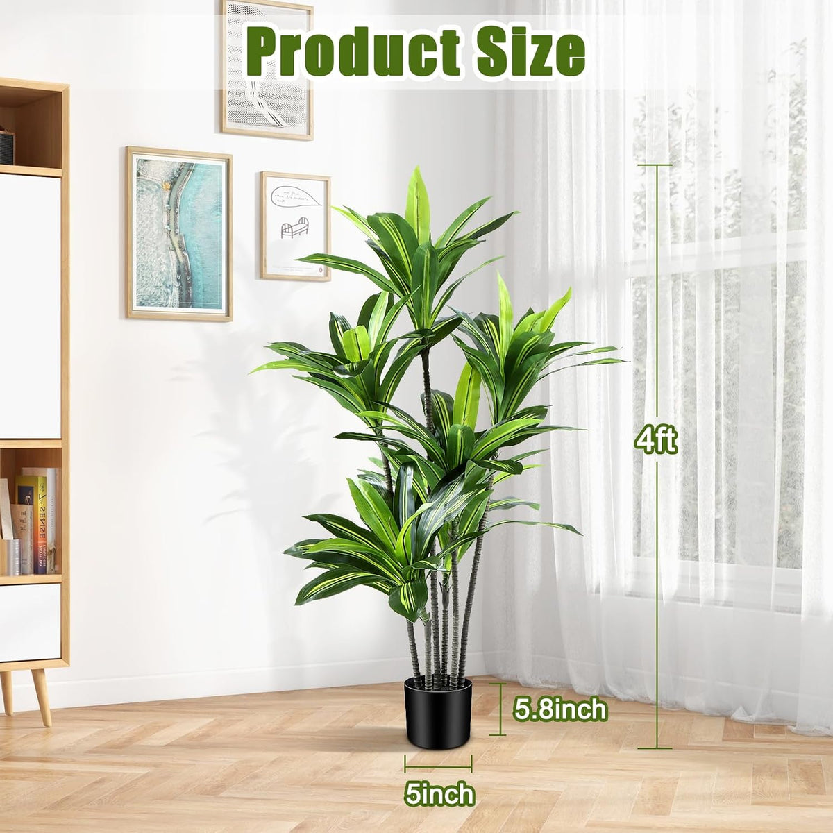 Dracaena Artificial Plant Indoor 4FT - Large Tropical Fake Tree with Lifelike Leaves - Tall Faux Floor Plant in Pot - Artificial Dracaena Tree Indoor for Home Office Living Room Decor