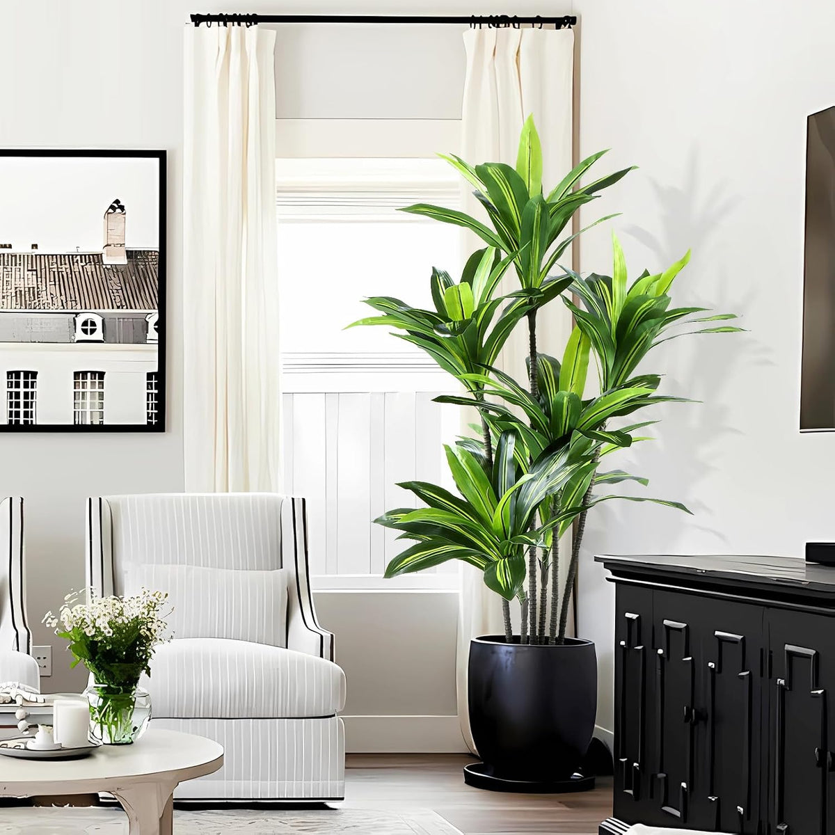 Dracaena Artificial Plant Indoor 4FT - Large Tropical Fake Tree with Lifelike Leaves - Tall Faux Floor Plant in Pot - Artificial Dracaena Tree Indoor for Home Office Living Room Decor