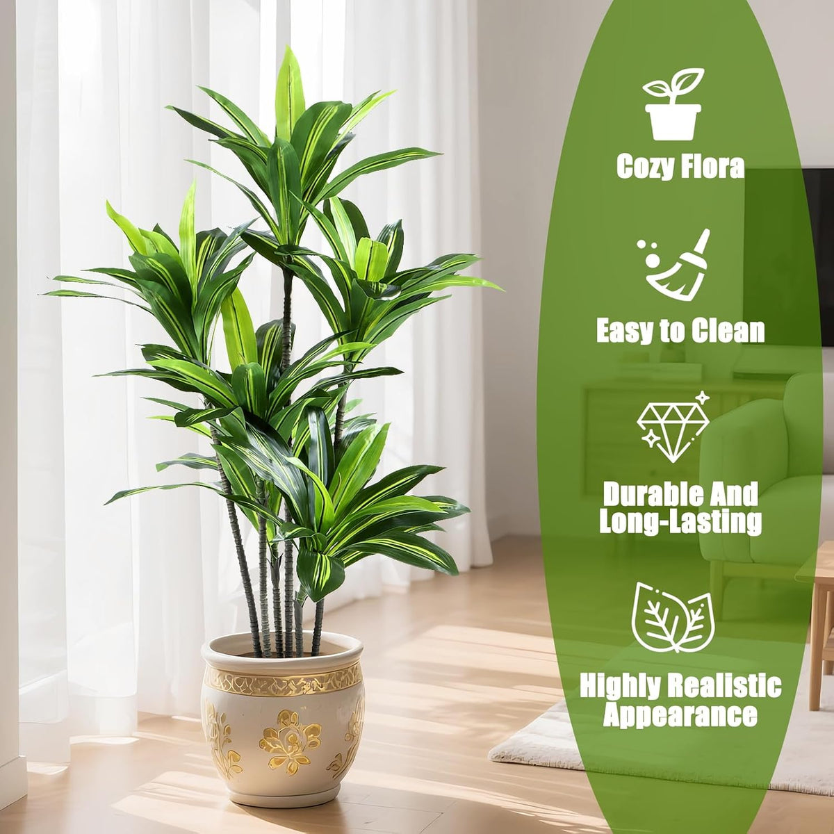 Dracaena Artificial Plant Indoor 4FT - Large Tropical Fake Tree with Lifelike Leaves - Tall Faux Floor Plant in Pot - Artificial Dracaena Tree Indoor for Home Office Living Room Decor