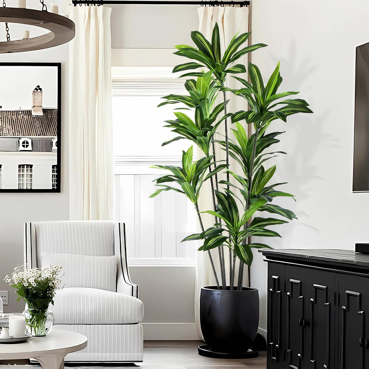 Dracaena Artificial Plant Indoor 4FT - Large Tropical Fake Tree with Lifelike Leaves - Tall Faux Floor Plant in Pot - Artificial Dracaena Tree Indoor for Home Office Living Room Decor