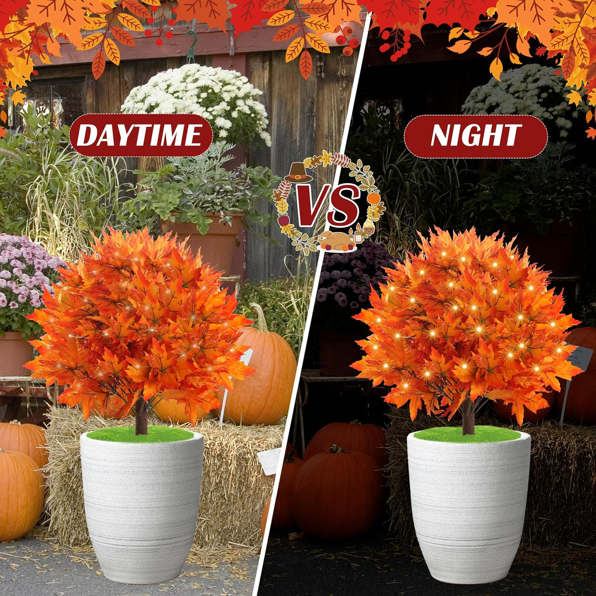 27" Set of 2 Artificial Maple Topiary Trees with 100 LED Lights