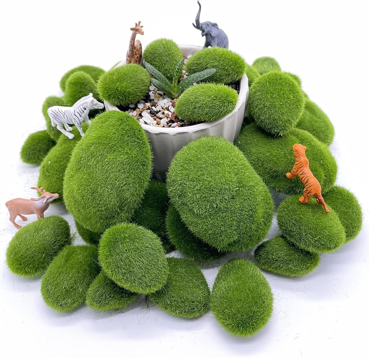40PCS Artificial Moss Rocks Decorative Moss Balls Green Moss Covered Stones for Plants Decor Home Craft 4 Size
