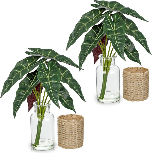 2 Packs Real Touch Faux Alocasia Plants in Vase with Woven Sleeve & Faux Water, 10.6" Small Fake Plants Artificial Alocasia Silk Plants for Home Decor, Kitchen Bathroom Living Room Table Centerpiece