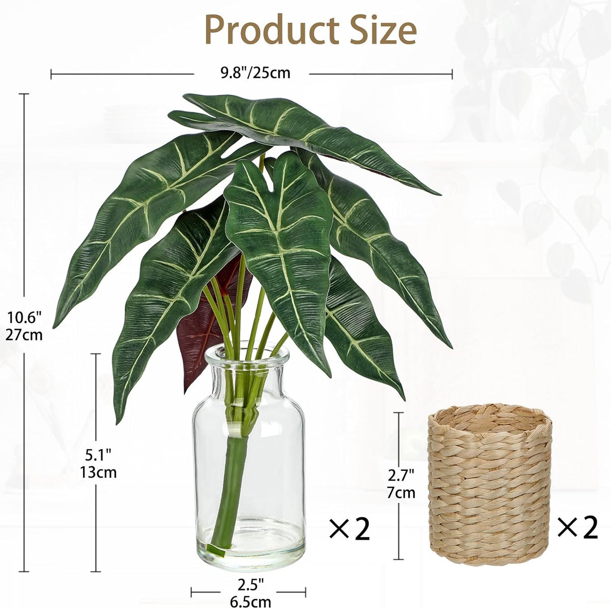 2 Packs Real Touch Faux Alocasia Plants in Vase with Woven Sleeve & Faux Water, 10.6" Small Fake Plants Artificial Alocasia Silk Plants for Home Decor, Kitchen Bathroom Living Room Table Centerpiece