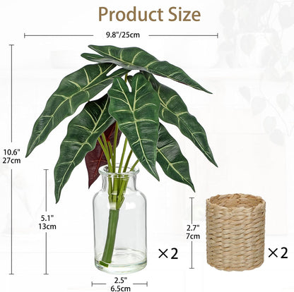 2 Packs Real Touch Faux Alocasia Plants in Vase with Woven Sleeve & Faux Water, 10.6" Small Fake Plants Artificial Alocasia Silk Plants for Home Decor, Kitchen Bathroom Living Room Table Centerpiece