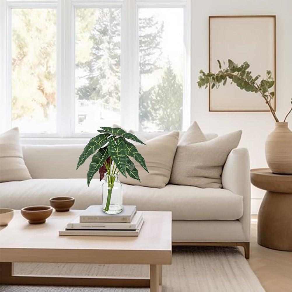 2 Packs Real Touch Faux Alocasia Plants in Vase with Woven Sleeve & Faux Water, 10.6" Small Fake Plants Artificial Alocasia Silk Plants for Home Decor, Kitchen Bathroom Living Room Table Centerpiece