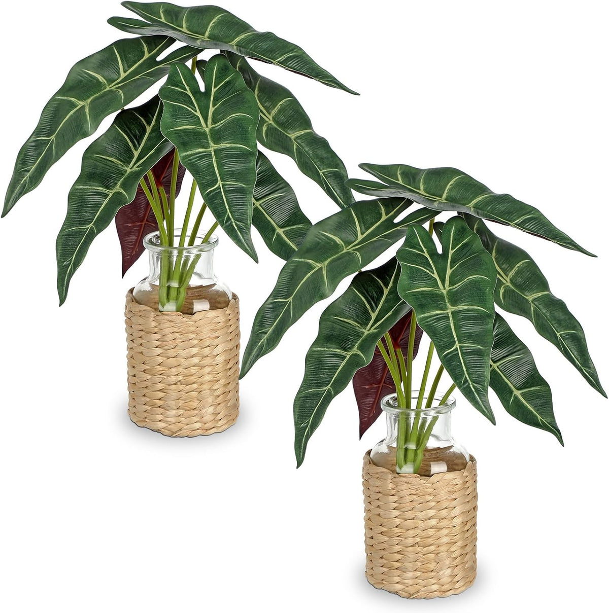 2 Packs Real Touch Faux Alocasia Plants in Vase with Woven Sleeve & Faux Water, 10.6" Small Fake Plants Artificial Alocasia Silk Plants for Home Decor, Kitchen Bathroom Living Room Table Centerpiece