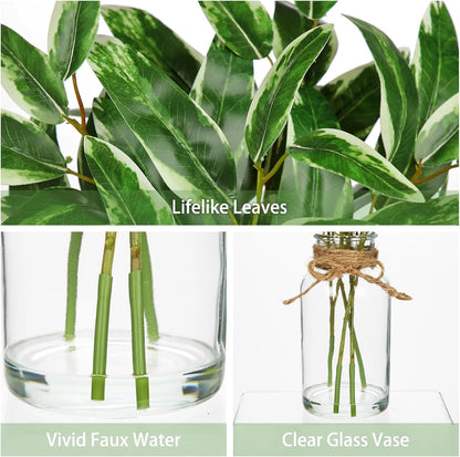 2 Packs Real Touch Faux Alocasia Plants in Vase with Woven Sleeve & Faux Water, 10.6" Small Fake Plants Artificial Alocasia Silk Plants for Home Decor, Kitchen Bathroom Living Room Table Centerpiece