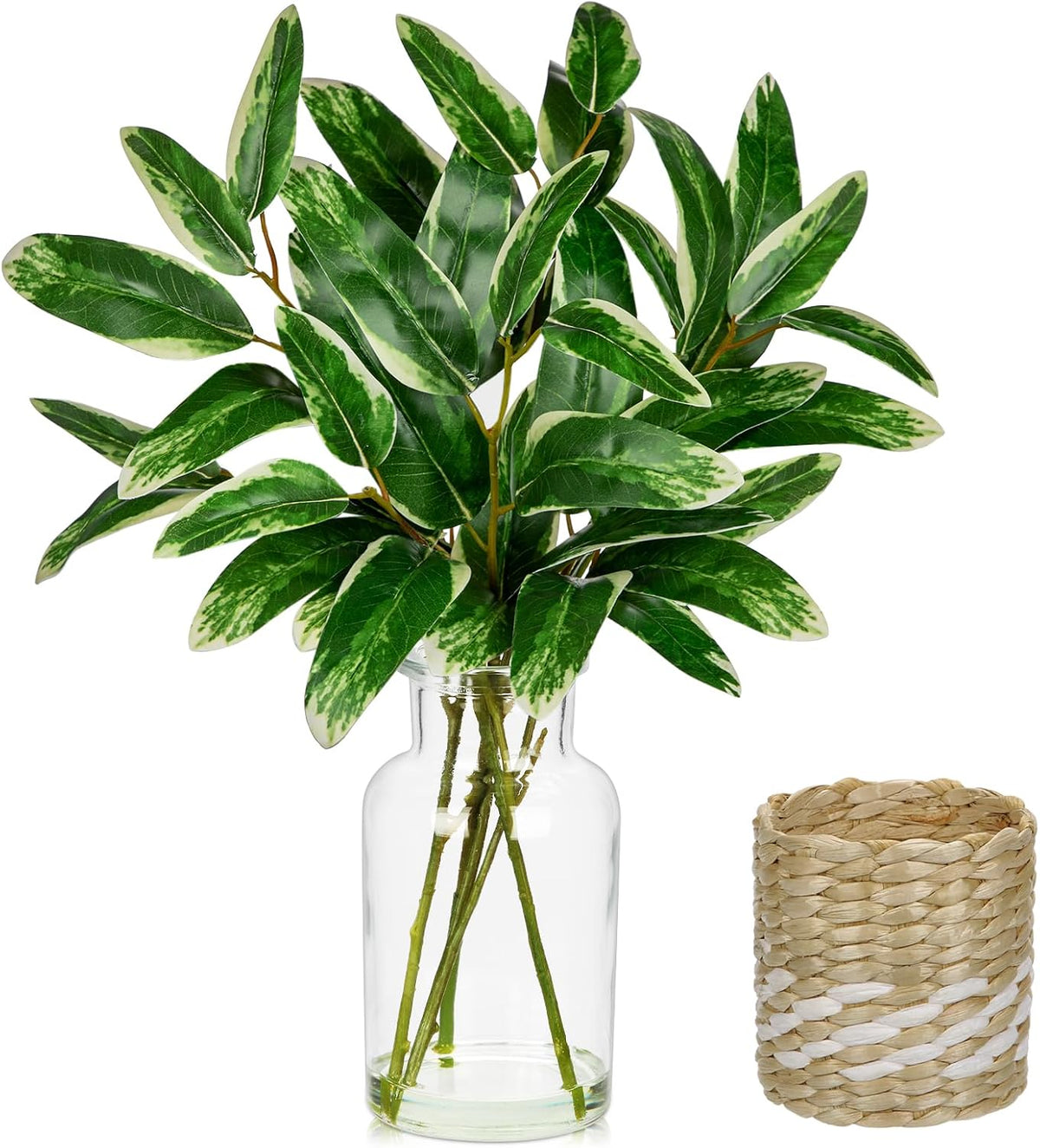 2 Packs Real Touch Faux Alocasia Plants in Vase with Woven Sleeve & Faux Water, 10.6" Small Fake Plants Artificial Alocasia Silk Plants for Home Decor, Kitchen Bathroom Living Room Table Centerpiece