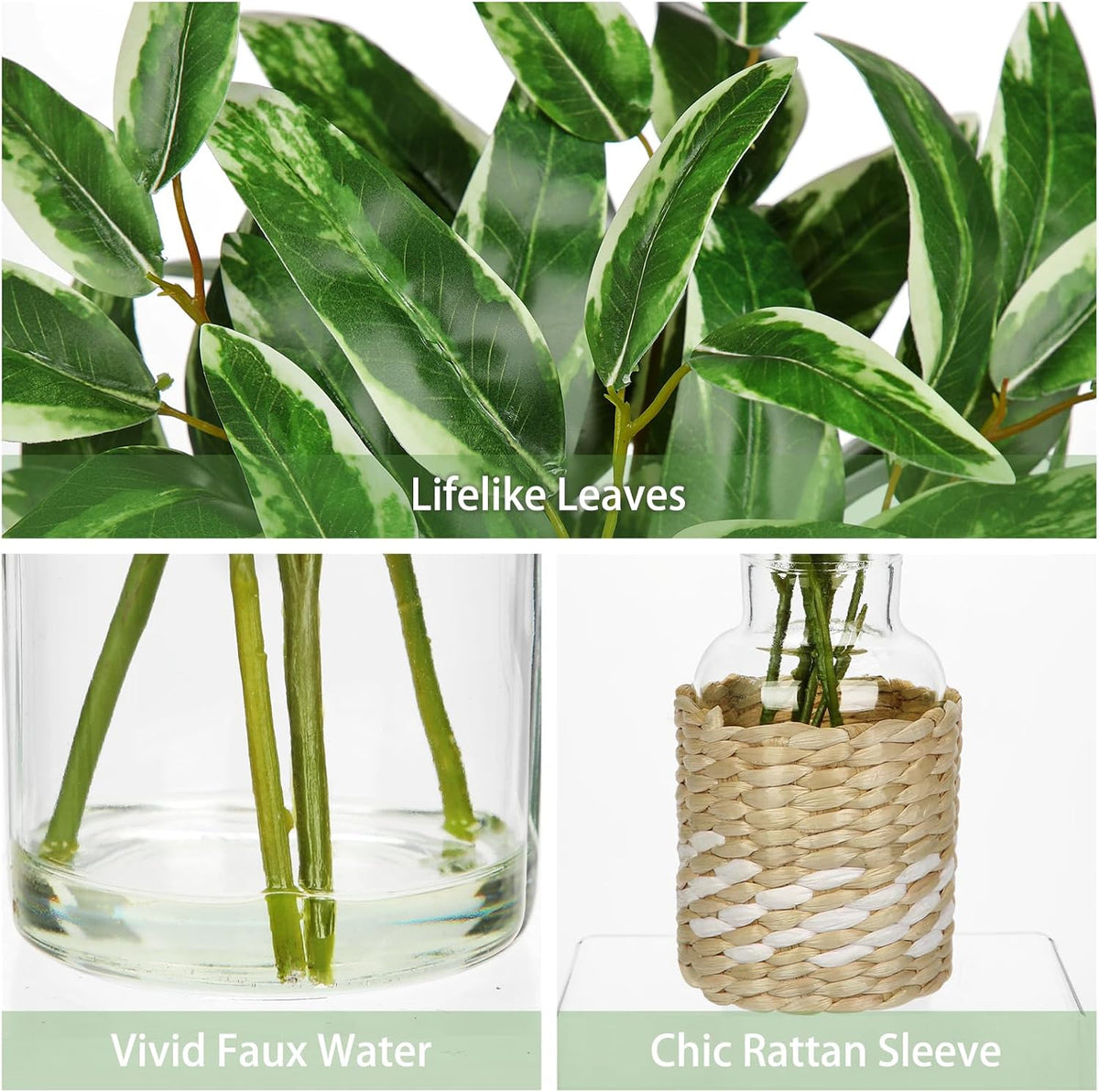 2 Packs Real Touch Faux Alocasia Plants in Vase with Woven Sleeve & Faux Water, 10.6" Small Fake Plants Artificial Alocasia Silk Plants for Home Decor, Kitchen Bathroom Living Room Table Centerpiece