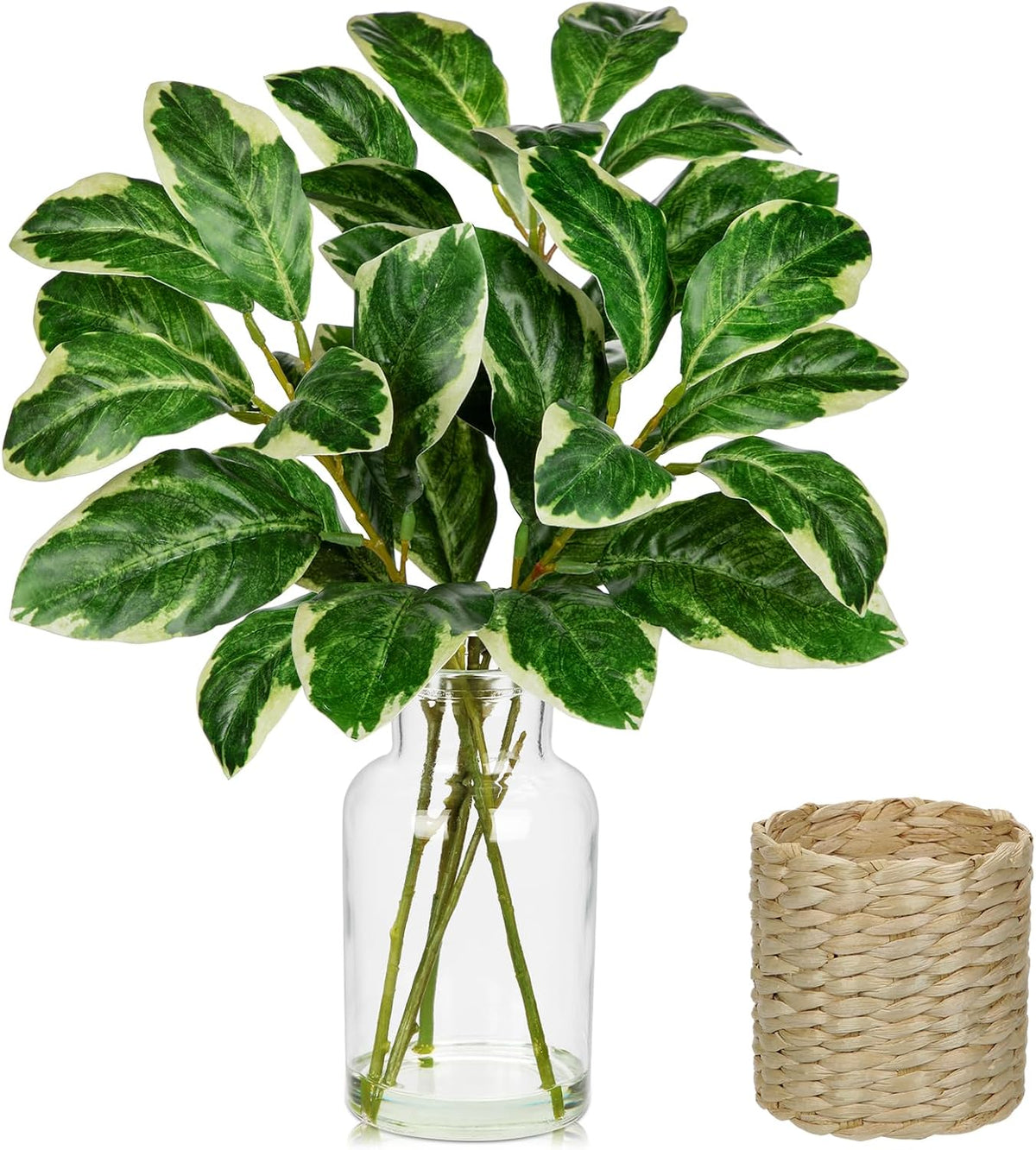 2 Packs Real Touch Faux Alocasia Plants in Vase with Woven Sleeve & Faux Water, 10.6" Small Fake Plants Artificial Alocasia Silk Plants for Home Decor, Kitchen Bathroom Living Room Table Centerpiece