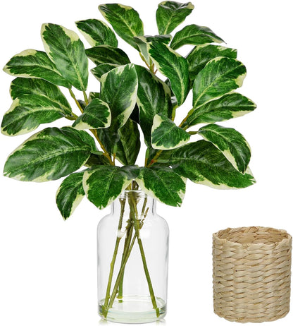 2 Packs Real Touch Faux Alocasia Plants in Vase with Woven Sleeve & Faux Water, 10.6" Small Fake Plants Artificial Alocasia Silk Plants for Home Decor, Kitchen Bathroom Living Room Table Centerpiece