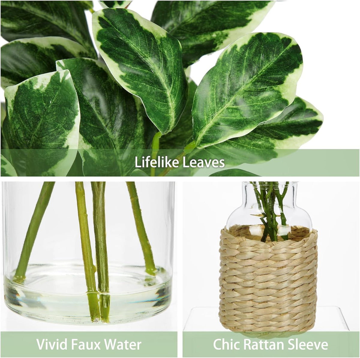 2 Packs Real Touch Faux Alocasia Plants in Vase with Woven Sleeve & Faux Water, 10.6" Small Fake Plants Artificial Alocasia Silk Plants for Home Decor, Kitchen Bathroom Living Room Table Centerpiece