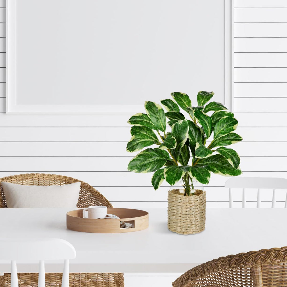 2 Packs Real Touch Faux Alocasia Plants in Vase with Woven Sleeve & Faux Water, 10.6" Small Fake Plants Artificial Alocasia Silk Plants for Home Decor, Kitchen Bathroom Living Room Table Centerpiece
