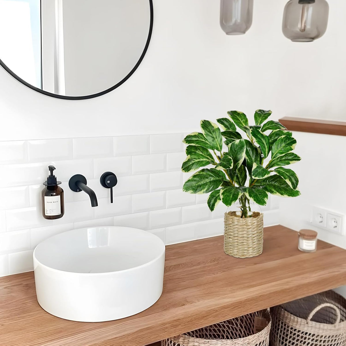 2 Packs Real Touch Faux Alocasia Plants in Vase with Woven Sleeve & Faux Water, 10.6" Small Fake Plants Artificial Alocasia Silk Plants for Home Decor, Kitchen Bathroom Living Room Table Centerpiece
