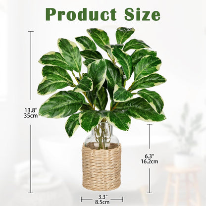 2 Packs Real Touch Faux Alocasia Plants in Vase with Woven Sleeve & Faux Water, 10.6" Small Fake Plants Artificial Alocasia Silk Plants for Home Decor, Kitchen Bathroom Living Room Table Centerpiece