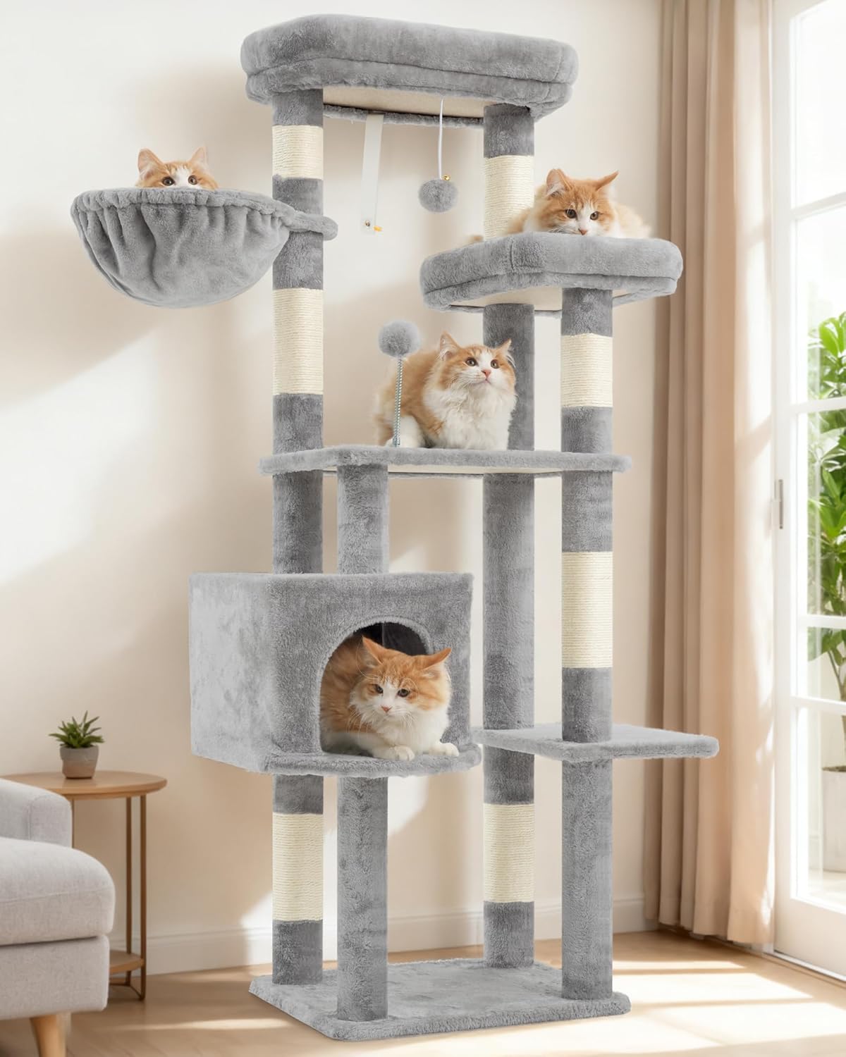 Gitelsnour Cat Tree, Cat Tower for Large Cats with 2 Big Platforms, 2 Baskets, condo and Toys, 63" Cat Scratching Posts for Indoor Cats, Green GCT020GR