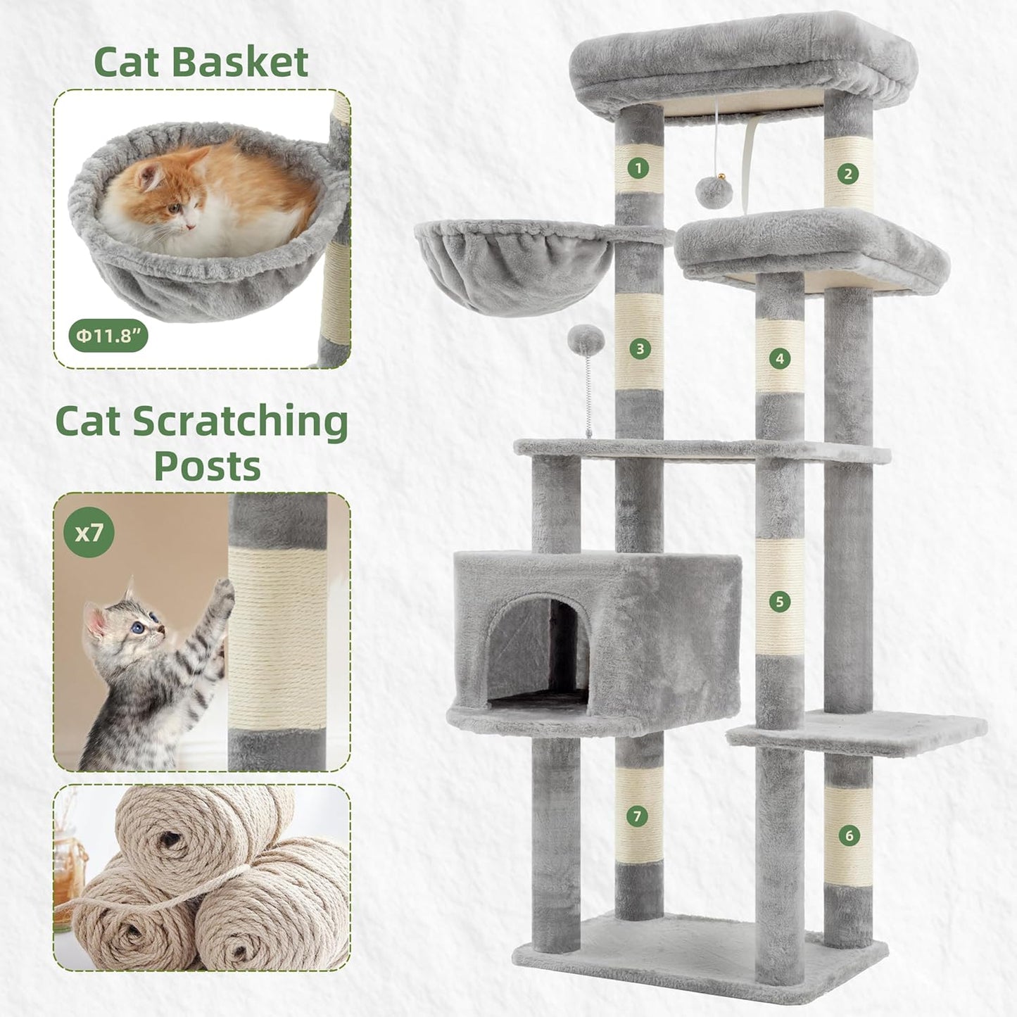 Gitelsnour Cat Tree, Cat Tower for Large Cats with 2 Big Platforms, 2 Baskets, condo and Toys, 63" Cat Scratching Posts for Indoor Cats, Green GCT020GR