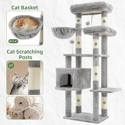 Gitelsnour Cat Tree, Cat Tower for Large Cats with 2 Big Platforms, 2 Baskets, condo and Toys, 63" Cat Scratching Posts for Indoor Cats, Green GCT020GR