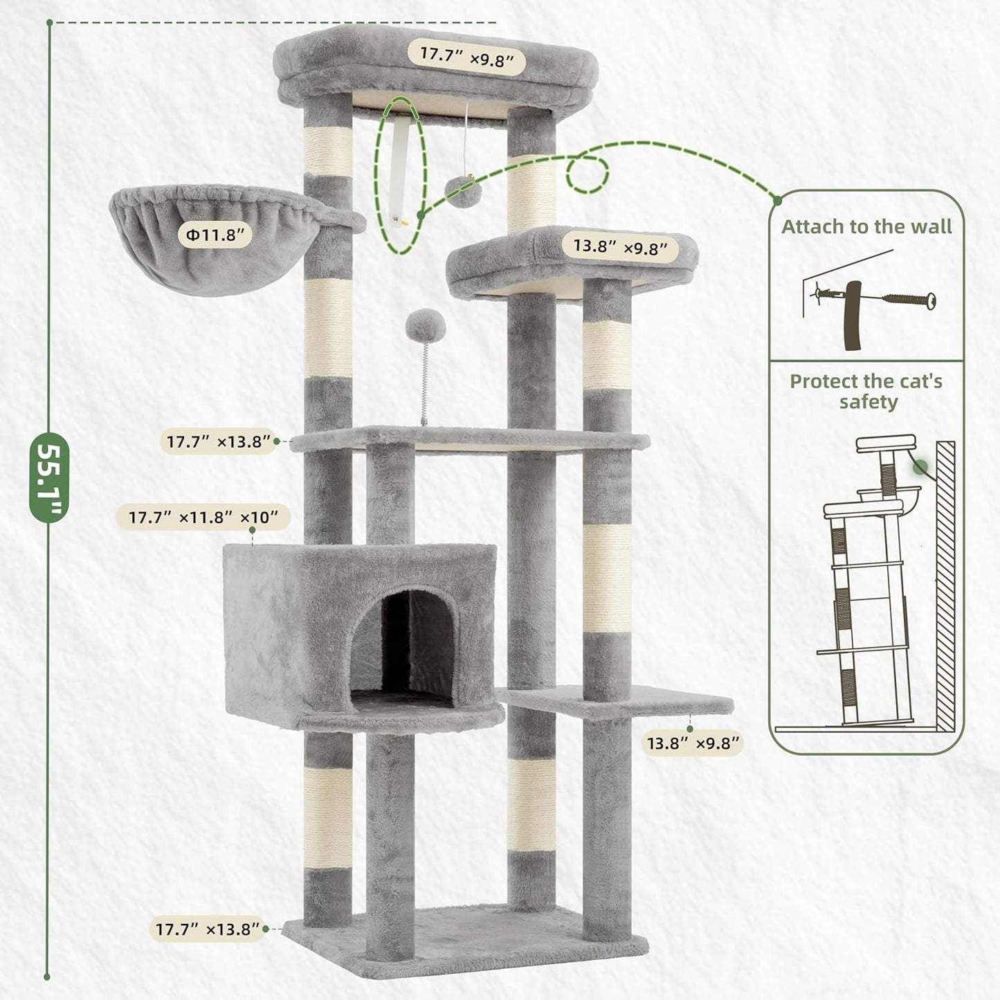 Gitelsnour Cat Tree, Cat Tower for Large Cats with 2 Big Platforms, 2 Baskets, condo and Toys, 63" Cat Scratching Posts for Indoor Cats, Green GCT020GR