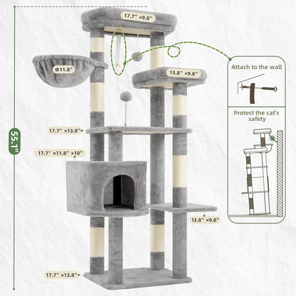 Gitelsnour Cat Tree, Cat Tower for Large Cats with 2 Big Platforms, 2 Baskets, condo and Toys, 63" Cat Scratching Posts for Indoor Cats, Green GCT020GR