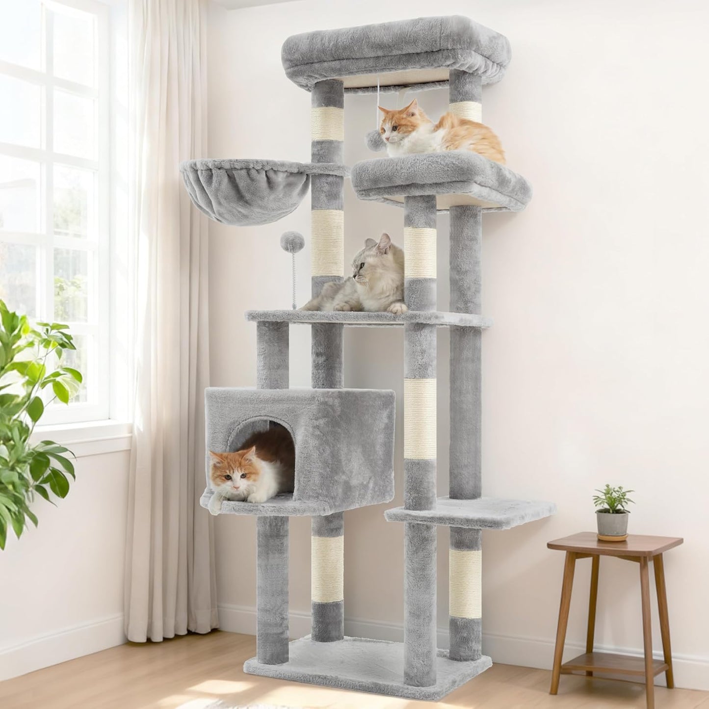 Gitelsnour Cat Tree, Cat Tower for Large Cats with 2 Big Platforms, 2 Baskets, condo and Toys, 63" Cat Scratching Posts for Indoor Cats, Green GCT020GR