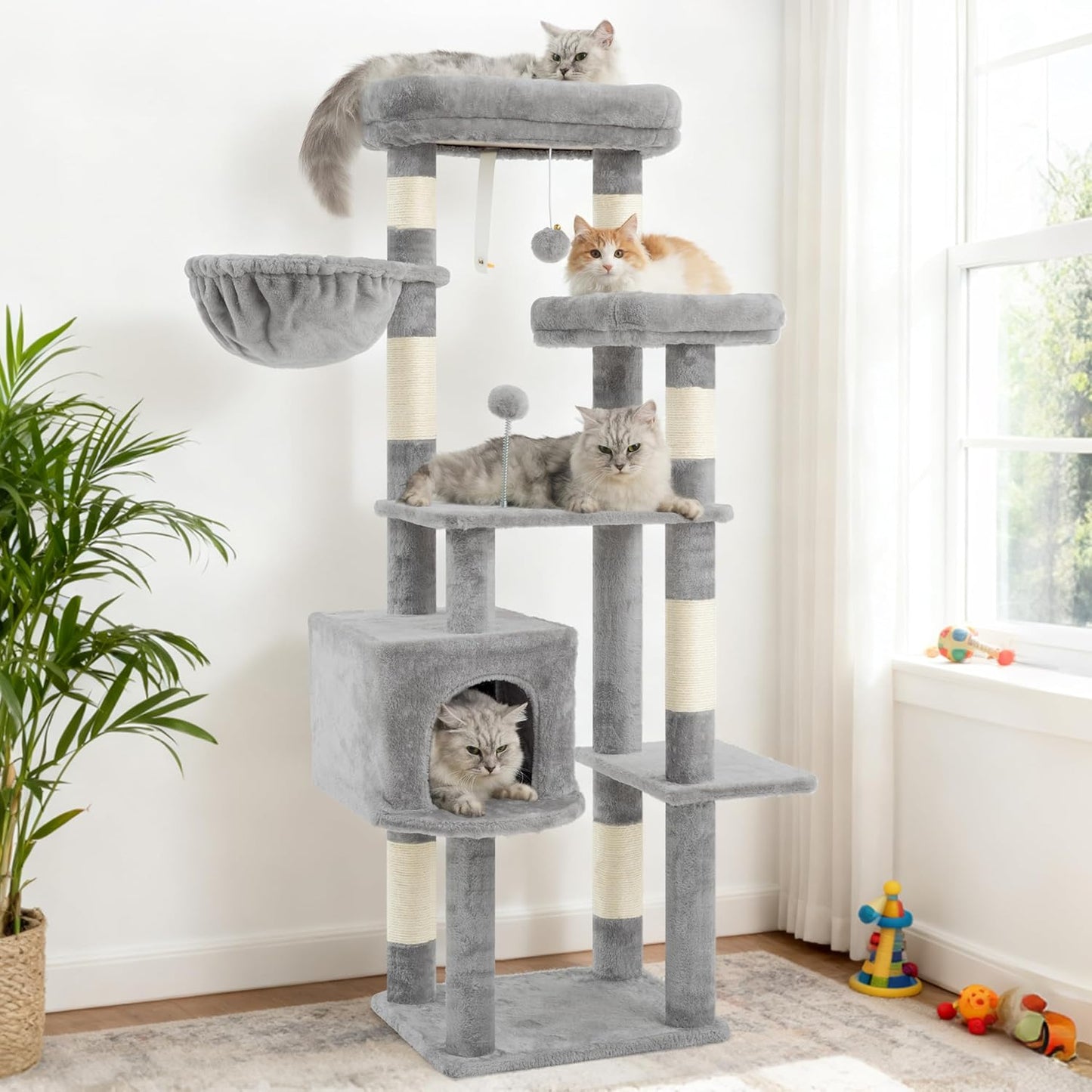 Gitelsnour Cat Tree, Cat Tower for Large Cats with 2 Big Platforms, 2 Baskets, condo and Toys, 63" Cat Scratching Posts for Indoor Cats, Green GCT020GR