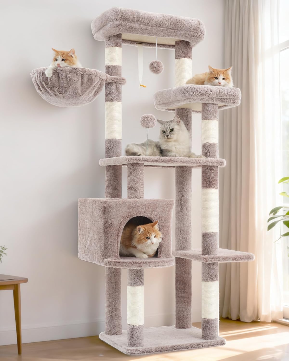 Gitelsnour Cat Tree, Cat Tower for Large Cats with 2 Big Platforms, 2 Baskets, condo and Toys, 63" Cat Scratching Posts for Indoor Cats, Green GCT020GR