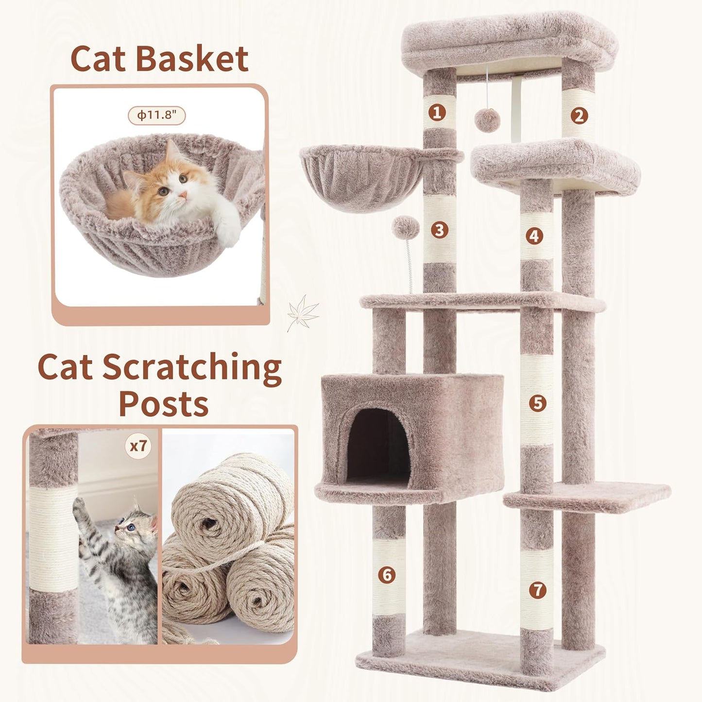 Gitelsnour Cat Tree, Cat Tower for Large Cats with 2 Big Platforms, 2 Baskets, condo and Toys, 63" Cat Scratching Posts for Indoor Cats, Green GCT020GR