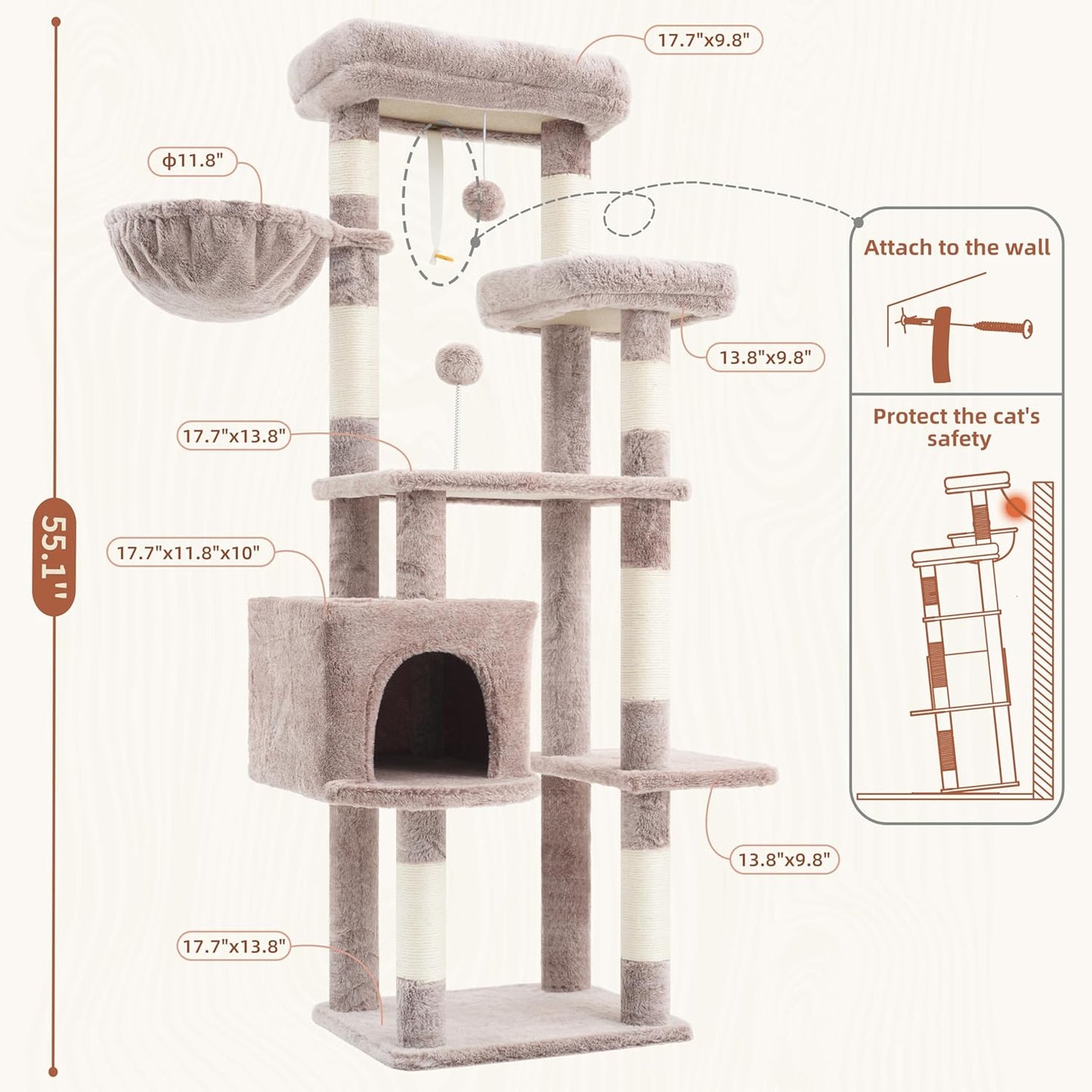 Gitelsnour Cat Tree, Cat Tower for Large Cats with 2 Big Platforms, 2 Baskets, condo and Toys, 63" Cat Scratching Posts for Indoor Cats, Green GCT020GR