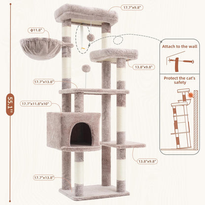 Gitelsnour Cat Tree, Cat Tower for Large Cats with 2 Big Platforms, 2 Baskets, condo and Toys, 63" Cat Scratching Posts for Indoor Cats, Green GCT020GR
