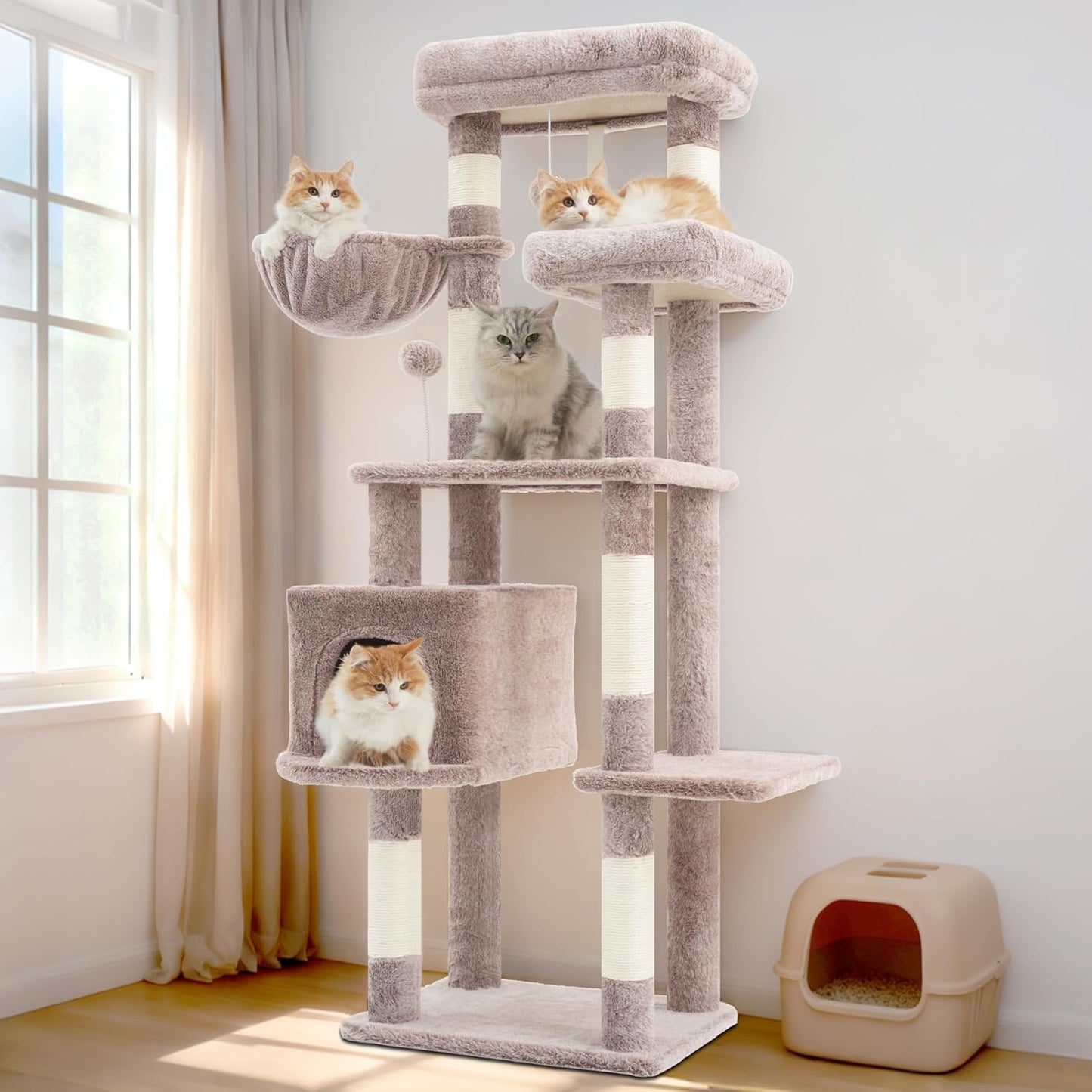 Gitelsnour Cat Tree, Cat Tower for Large Cats with 2 Big Platforms, 2 Baskets, condo and Toys, 63" Cat Scratching Posts for Indoor Cats, Green GCT020GR