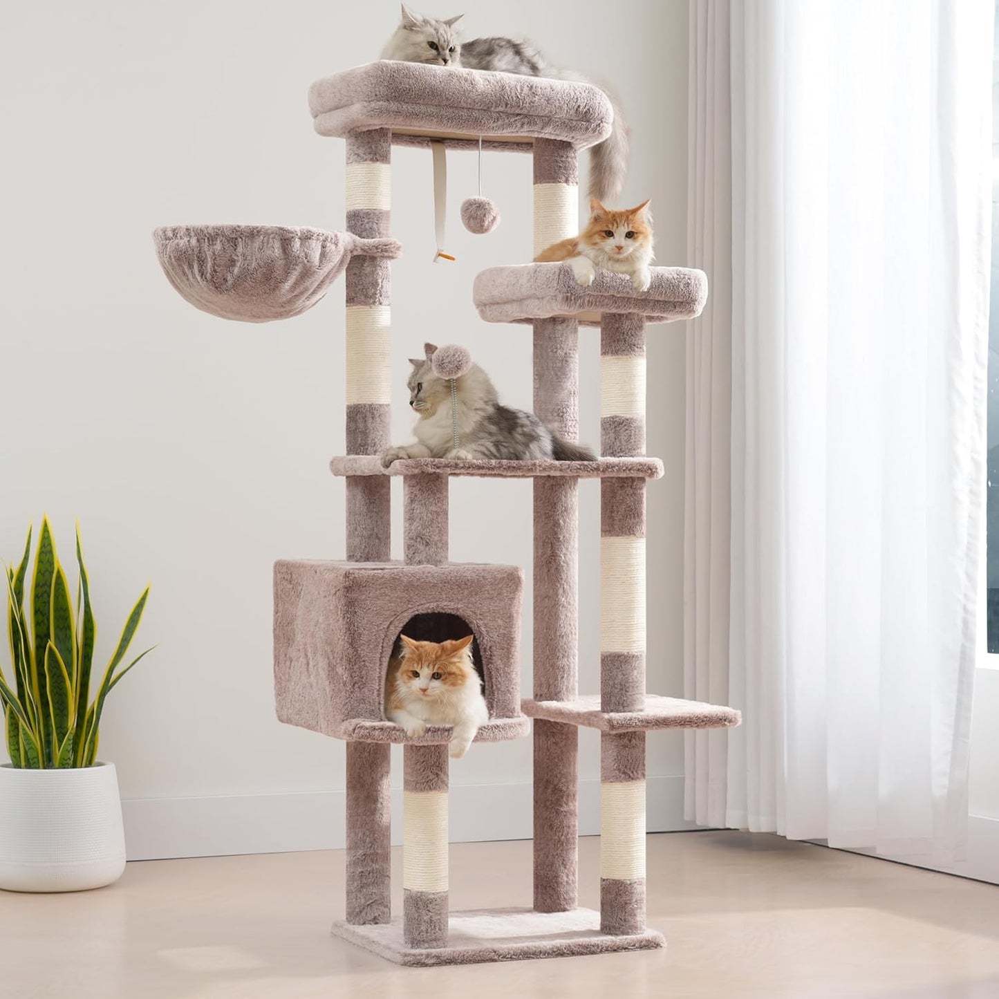Gitelsnour Cat Tree, Cat Tower for Large Cats with 2 Big Platforms, 2 Baskets, condo and Toys, 63" Cat Scratching Posts for Indoor Cats, Green GCT020GR
