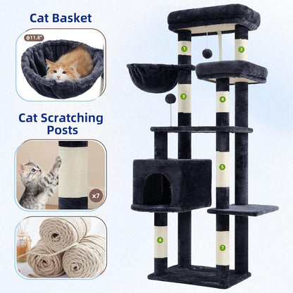 Gitelsnour Cat Tree, Cat Tower for Large Cats with 2 Big Platforms, 2 Baskets, condo and Toys, 63" Cat Scratching Posts for Indoor Cats, Green GCT020GR