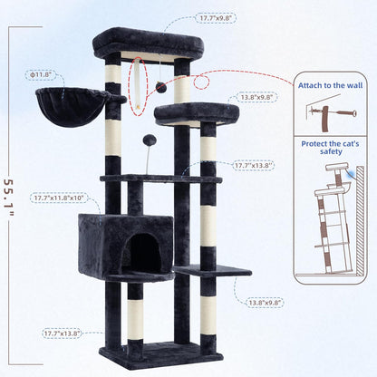 Gitelsnour Cat Tree, Cat Tower for Large Cats with 2 Big Platforms, 2 Baskets, condo and Toys, 63" Cat Scratching Posts for Indoor Cats, Green GCT020GR