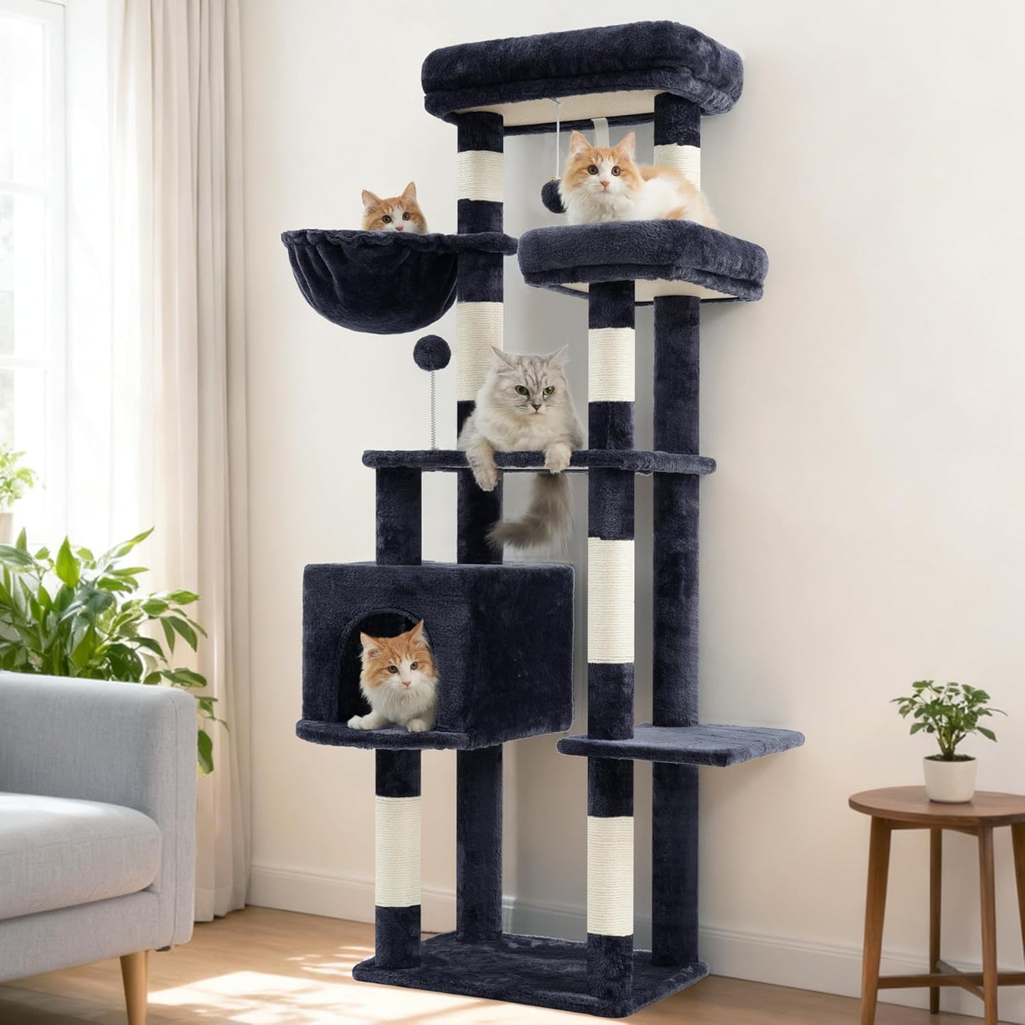 Gitelsnour Cat Tree, Cat Tower for Large Cats with 2 Big Platforms, 2 Baskets, condo and Toys, 63" Cat Scratching Posts for Indoor Cats, Green GCT020GR