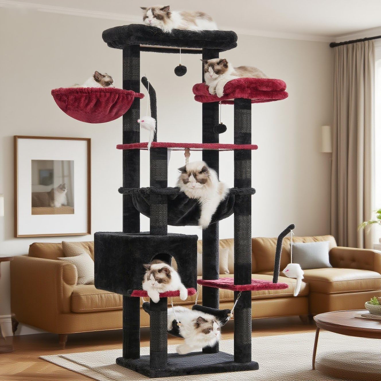 Gitelsnour Cat Tree, Cat Tower for Large Cats with 2 Big Platforms, 2 Baskets, condo and Toys, 63" Cat Scratching Posts for Indoor Cats, Green GCT020GR