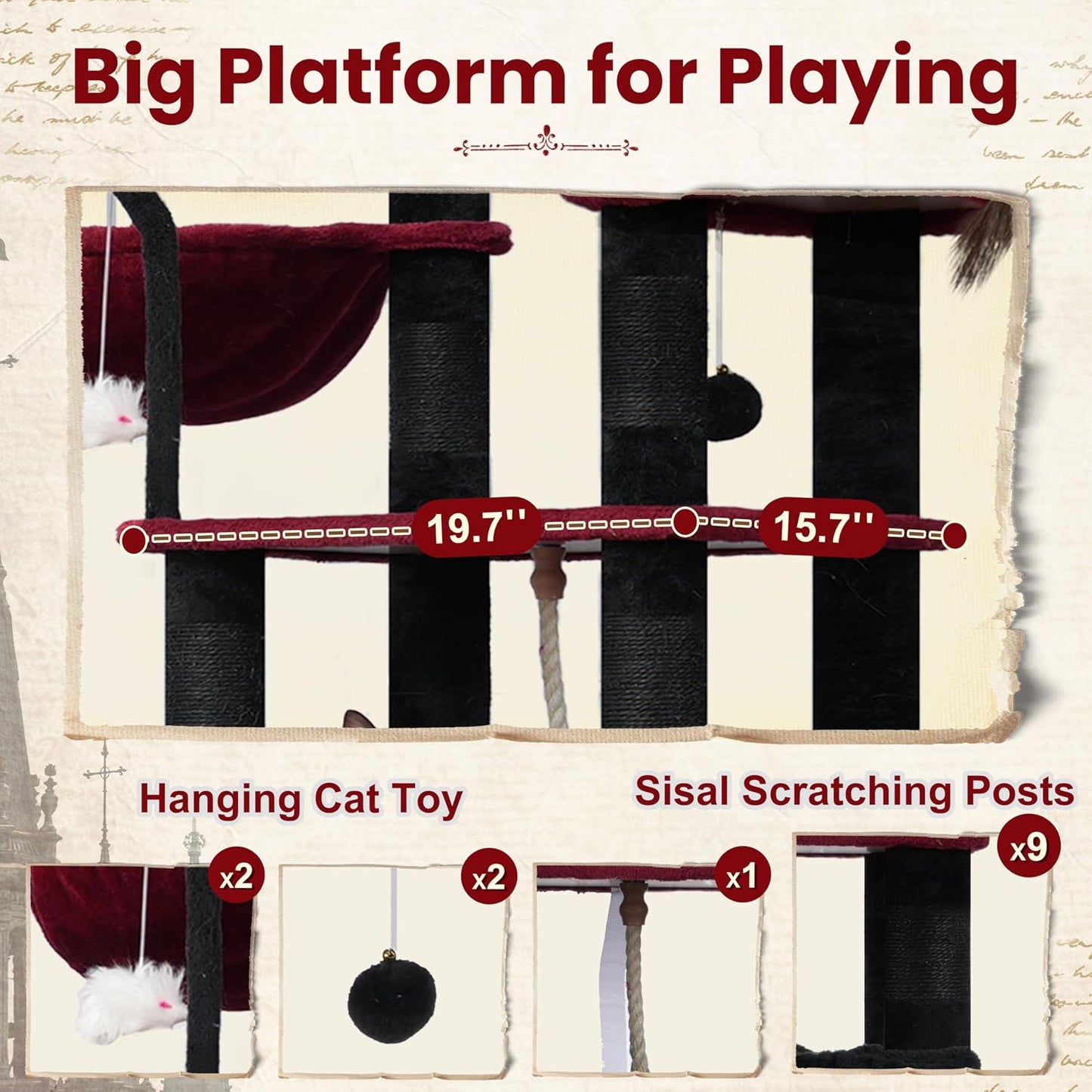 Gitelsnour Cat Tree, Cat Tower for Large Cats with 2 Big Platforms, 2 Baskets, condo and Toys, 63" Cat Scratching Posts for Indoor Cats, Green GCT020GR