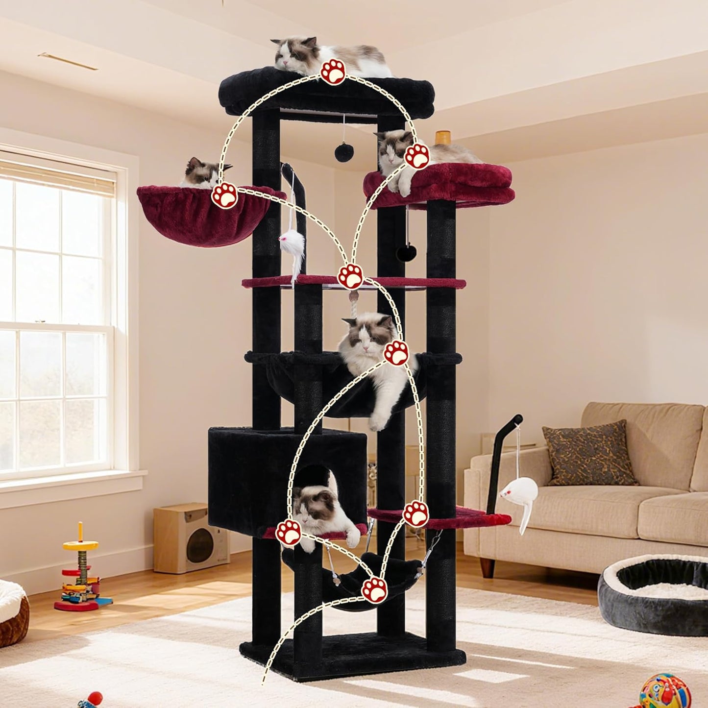 Gitelsnour Cat Tree, Cat Tower for Large Cats with 2 Big Platforms, 2 Baskets, condo and Toys, 63" Cat Scratching Posts for Indoor Cats, Green GCT020GR