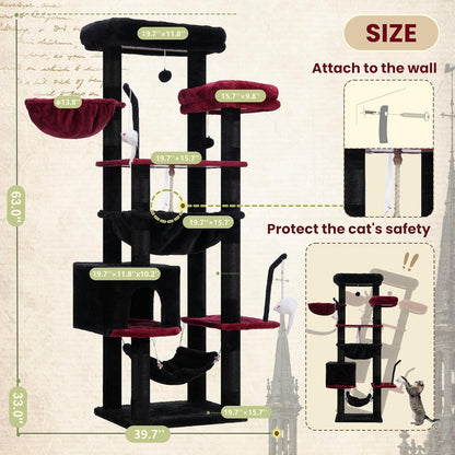 Gitelsnour Cat Tree, Cat Tower for Large Cats with 2 Big Platforms, 2 Baskets, condo and Toys, 63" Cat Scratching Posts for Indoor Cats, Green GCT020GR
