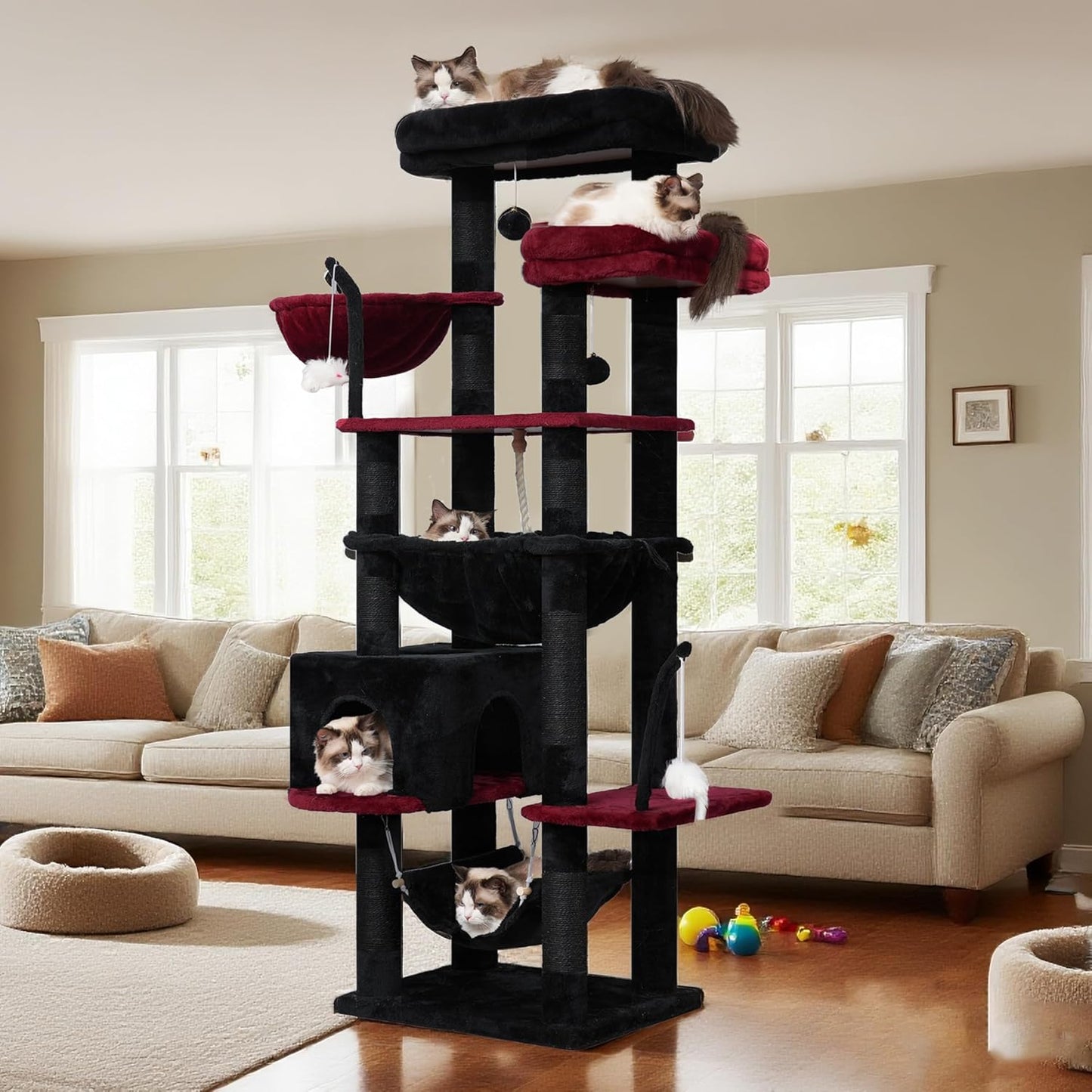Gitelsnour Cat Tree, Cat Tower for Large Cats with 2 Big Platforms, 2 Baskets, condo and Toys, 63" Cat Scratching Posts for Indoor Cats, Green GCT020GR