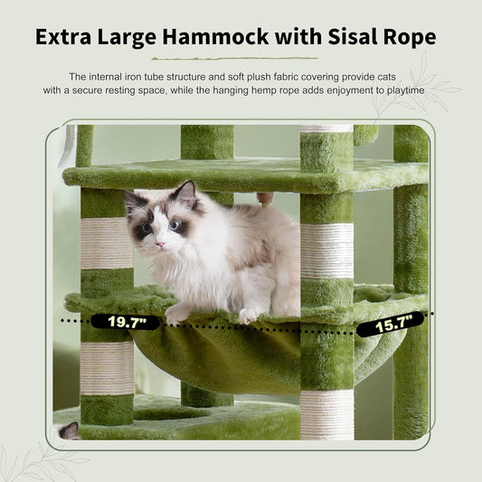 Gitelsnour Cat Tree, Cat Tower for Large Cats with 2 Big Platforms, 2 Baskets, condo and Toys, 63" Cat Scratching Posts for Indoor Cats, Green GCT020GR